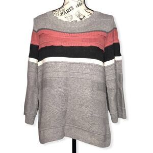 Loft MEDIUM Striped Varied Textured Scallop Neck 3/4 Sleeves Sweater